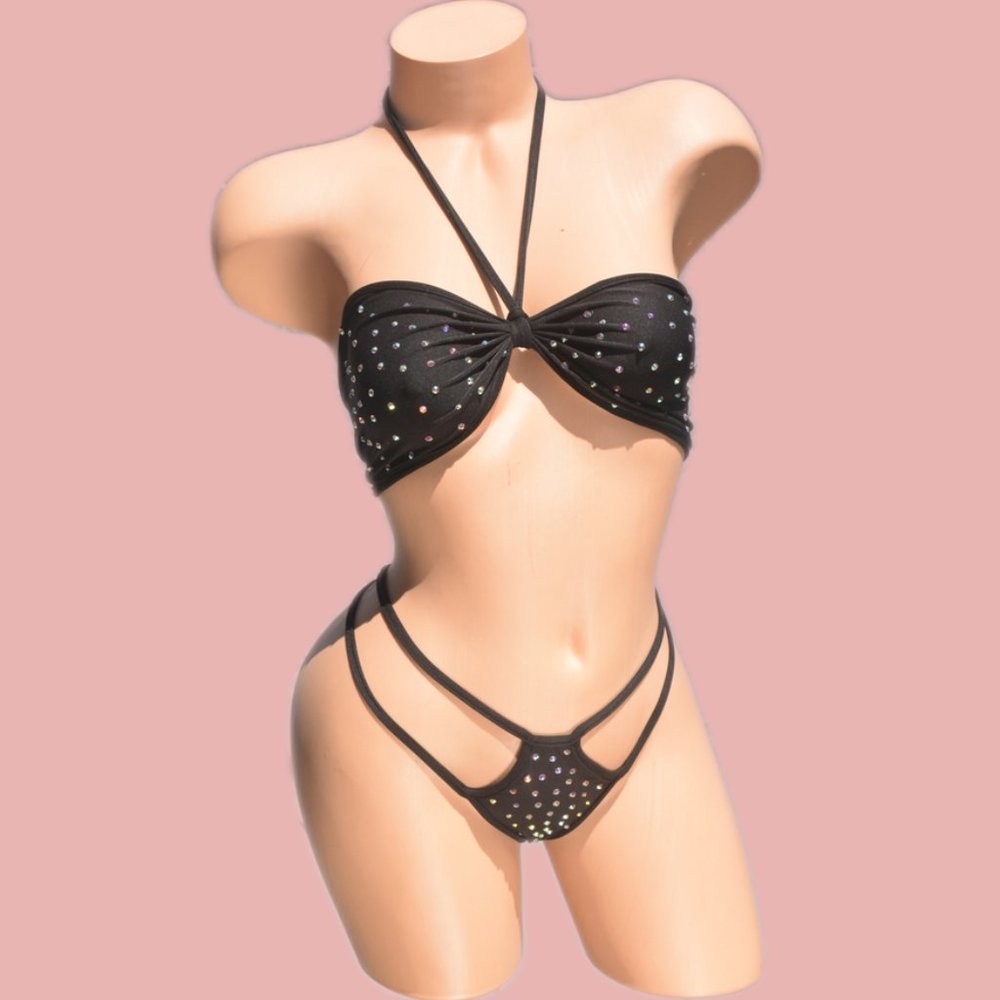 Jeweled Rhinestone Black Tube Top Two Piece G-String Bikini Set